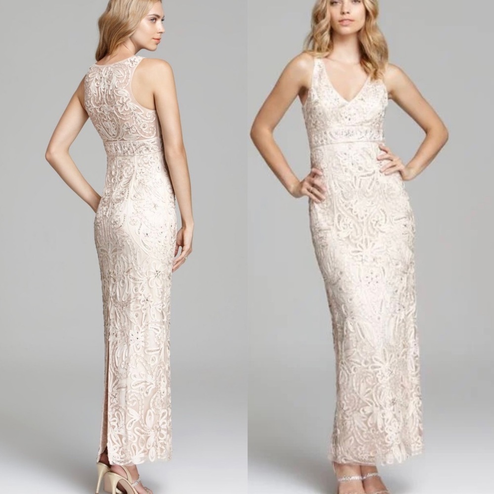 Sue Wong V-neck Embroidery & Bead Overlay Dress